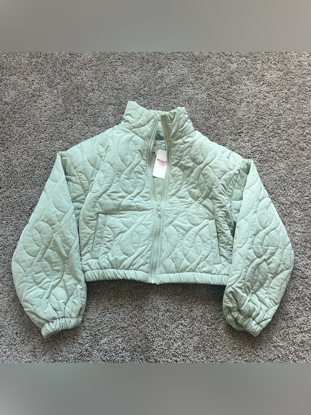 Le Lis Quilted Cropped Puffer Jacket in Mint Green